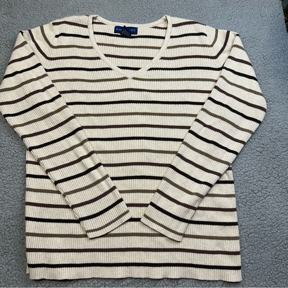 Karen Scott Sweaters - Karen Scott Women’s Striped V Neck Sweater Small Cream Brown‎ Knit Pullover